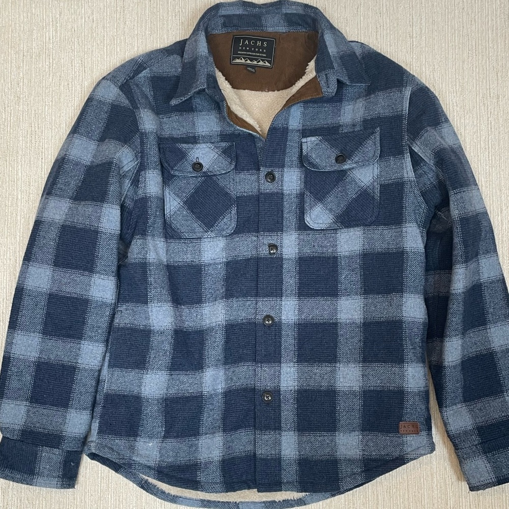 JACHS New York Men’s Blue Plaid Sherpa Lined Flannel Jacket L Casual Shacket